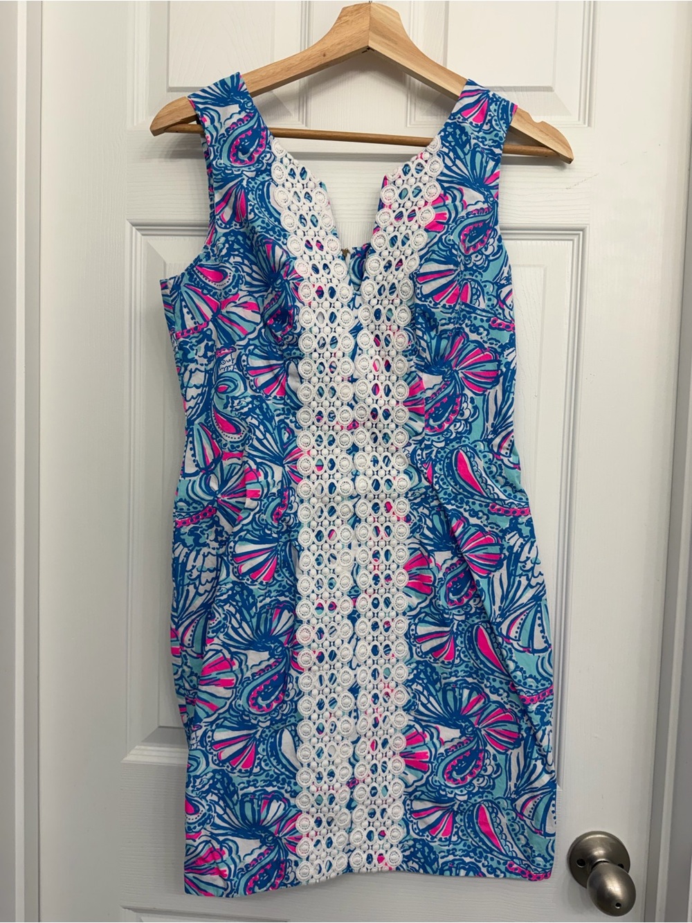 Lilly Pulitzer Blue & Pink Print Shift Dress with White Crochet Panel